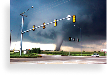 Tornado view through a junction with traffic lights