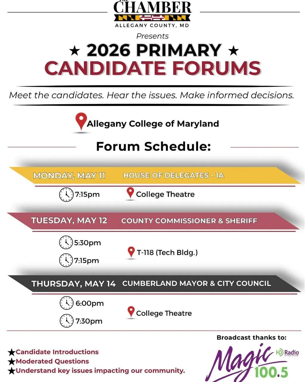 Chamber to host candidate forums CUMBERLAND — The Allegany County Chamber of Commerce will host a series of candidate forums next...Read full story